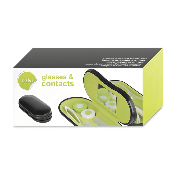 Black eyeglass and contact lens case in a compact travel kit with compartments for lenses and glasses.