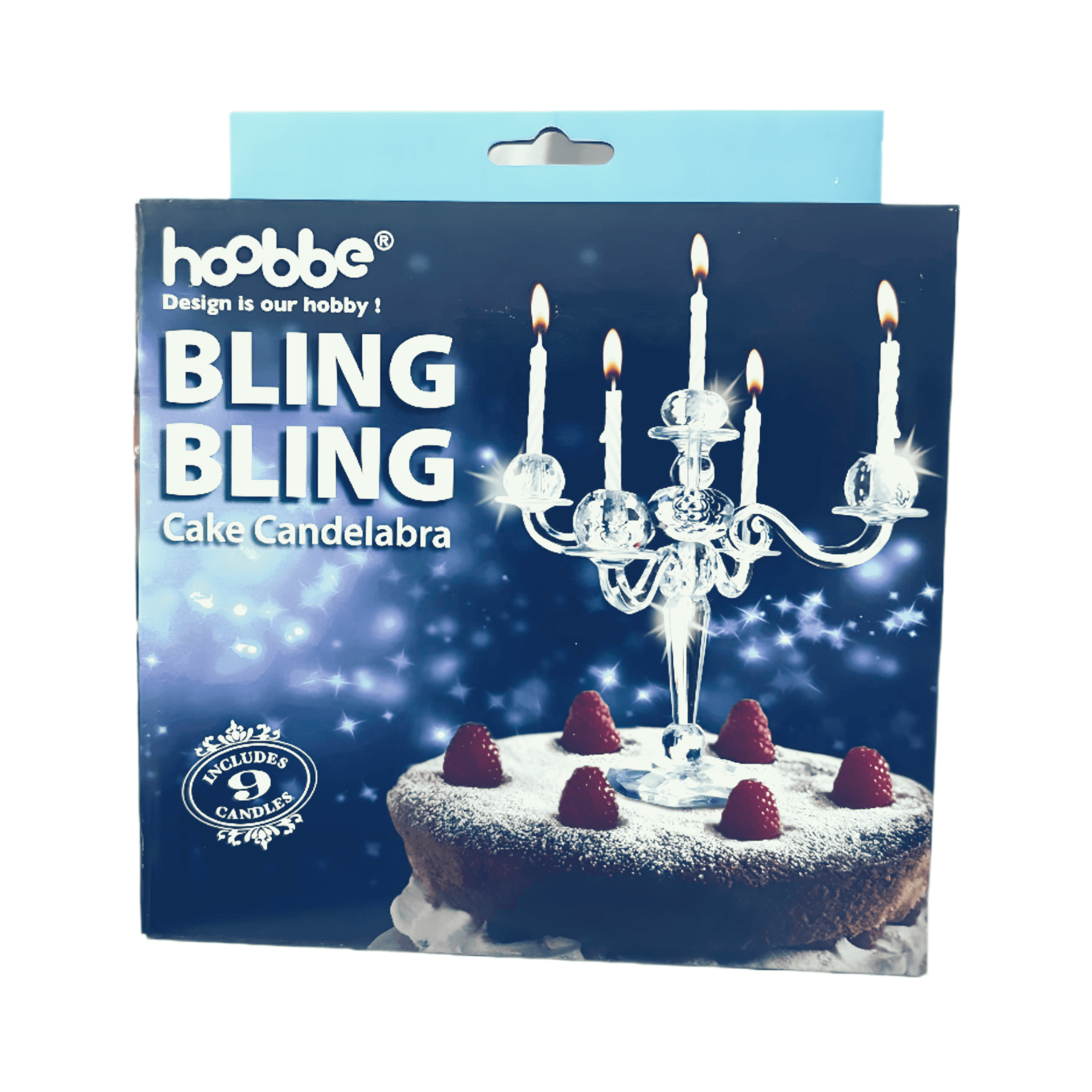 Bling Bling Cake Candelabra box with crystal accents and nine candles on a cake, adding elegance to celebrations.