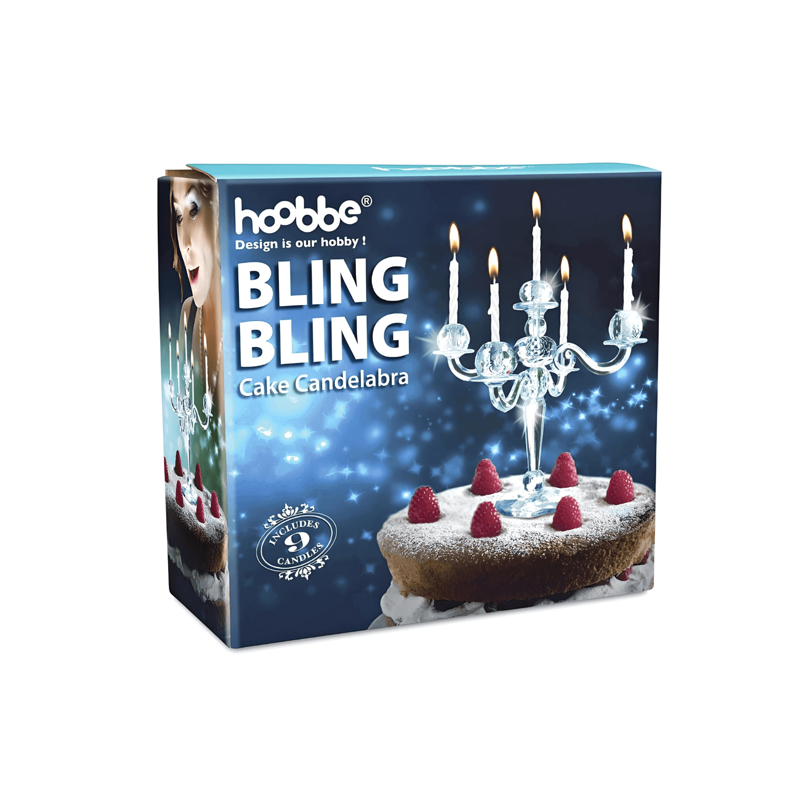 Bling Bling Cake Candelabra box featuring a crystal cake topper with candles for festive celebrations.