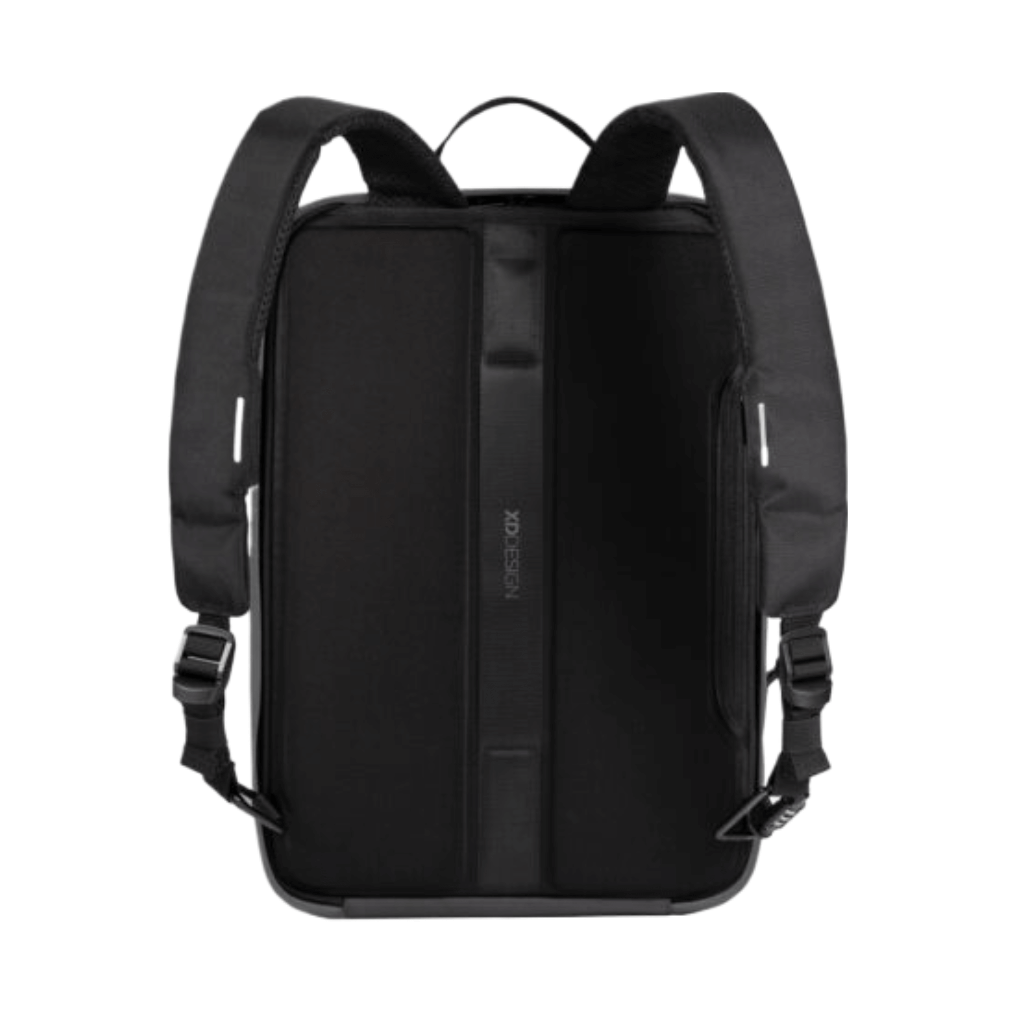 Back of a Bobby Bizz 2.0 anti-theft backpack showing adjustable straps and sleek black design.