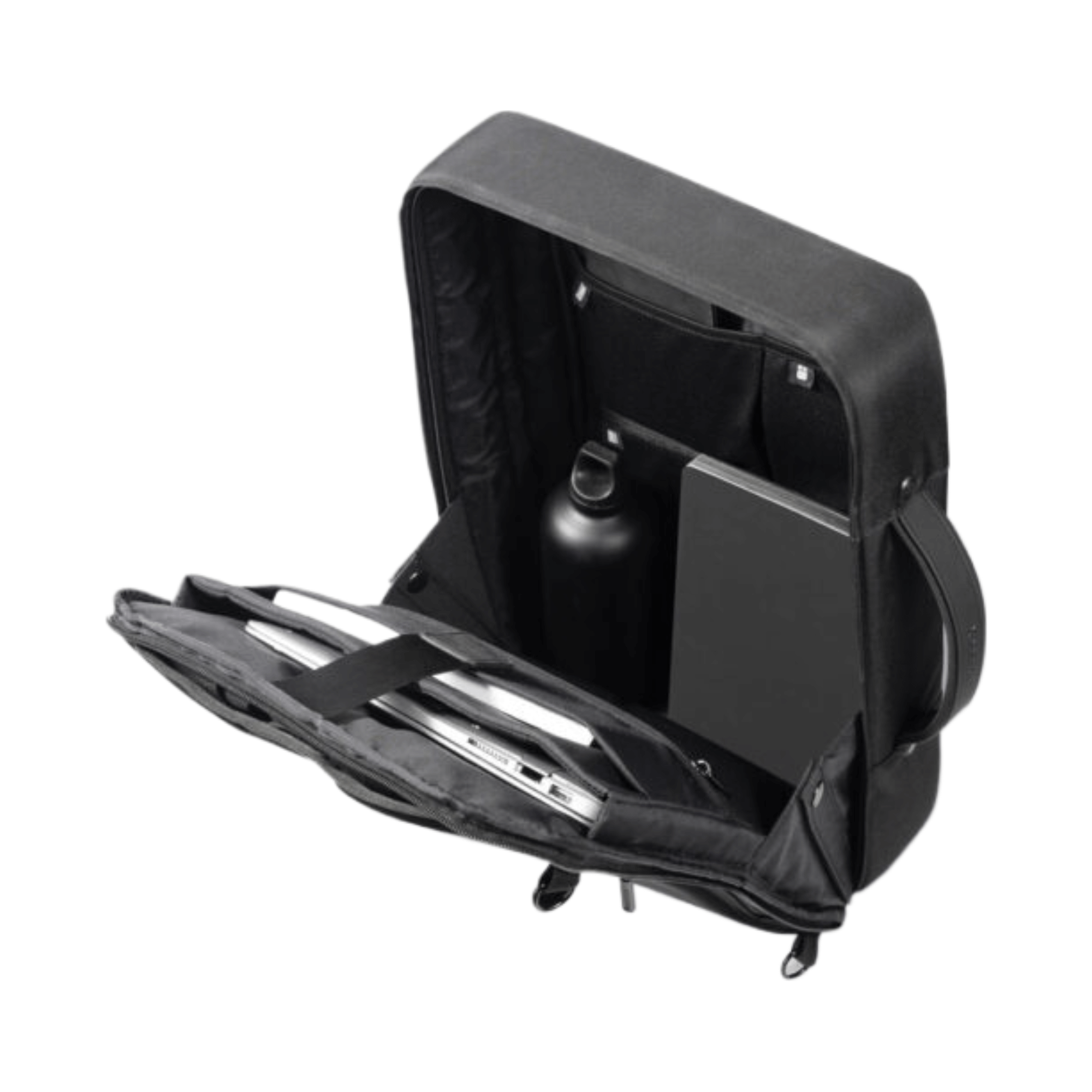 Bobby Bizz 2.0 anti-theft backpack open, showcasing compartments for a laptop, notebook, and water bottle in sleek black design.