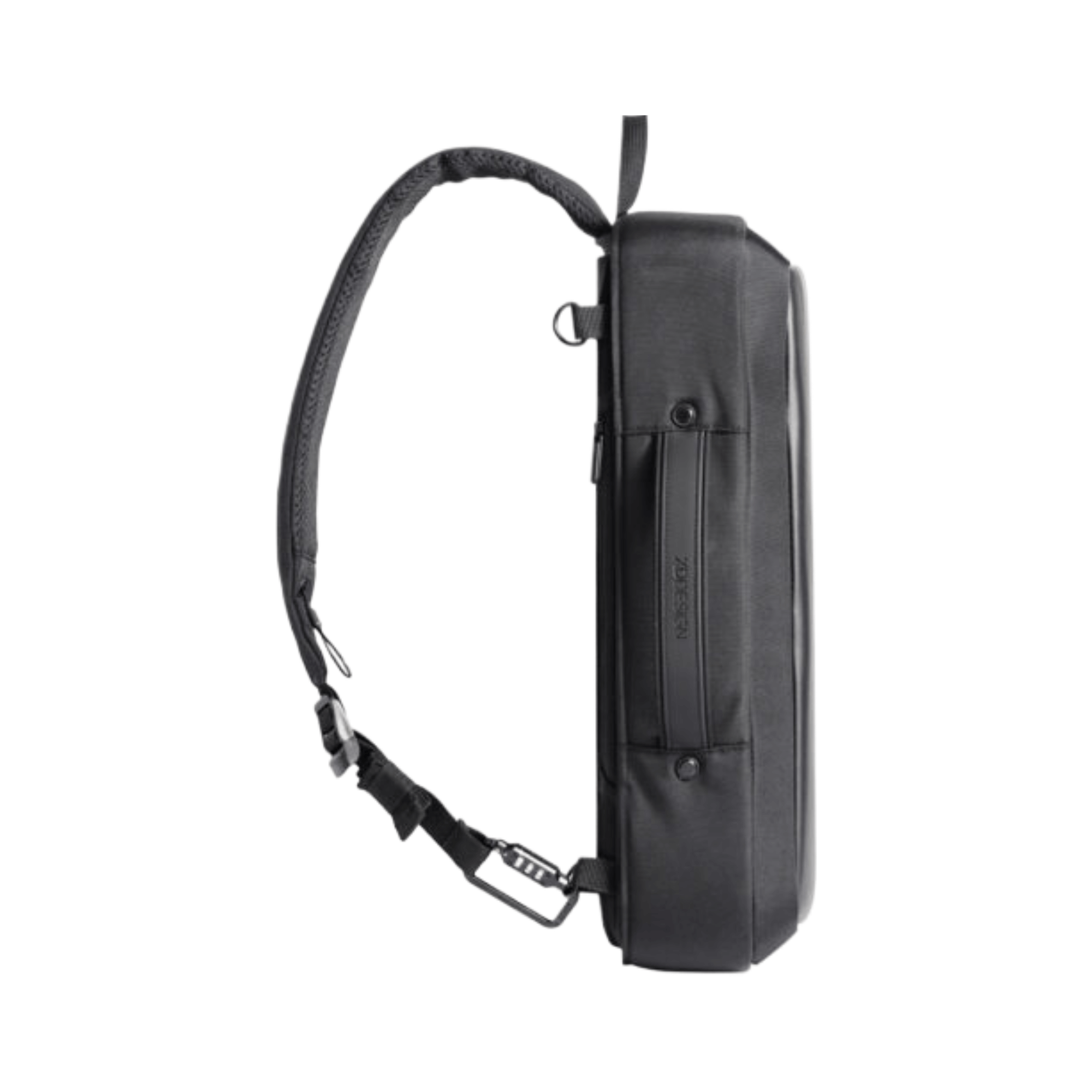 Side view of Bobby Bizz 2.0 Anti-Theft Backpack & Briefcase in black with adjustable shoulder strap.