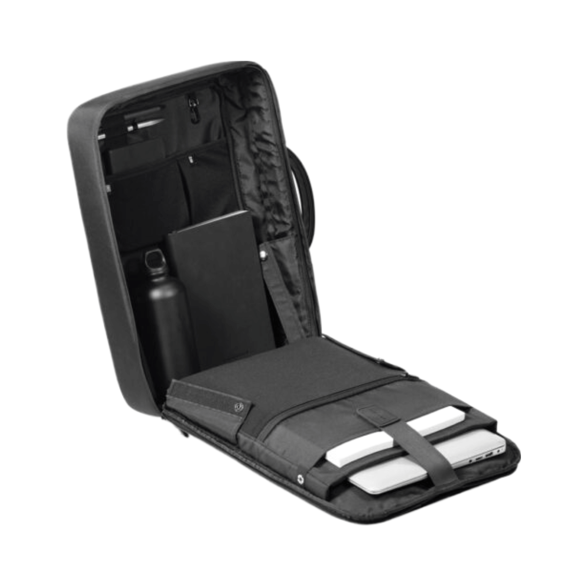 Interior view of Bobby Bizz 2.0 Anti-Theft Backpack, featuring compartments for laptops and organized storage.