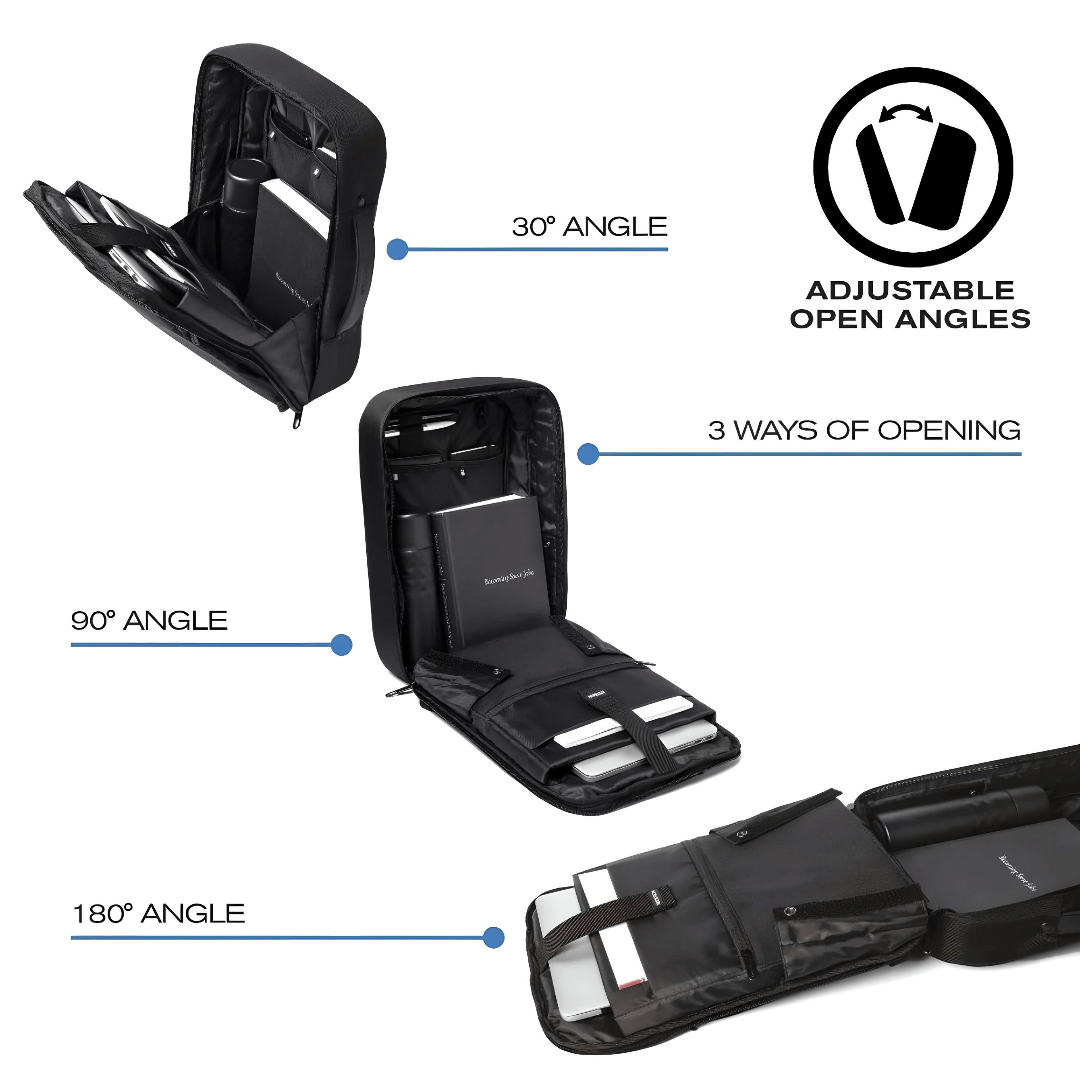 Bobby Bizz 2.0 adjustable open angles at 30°, 90°, and 180° for versatile access and organization.