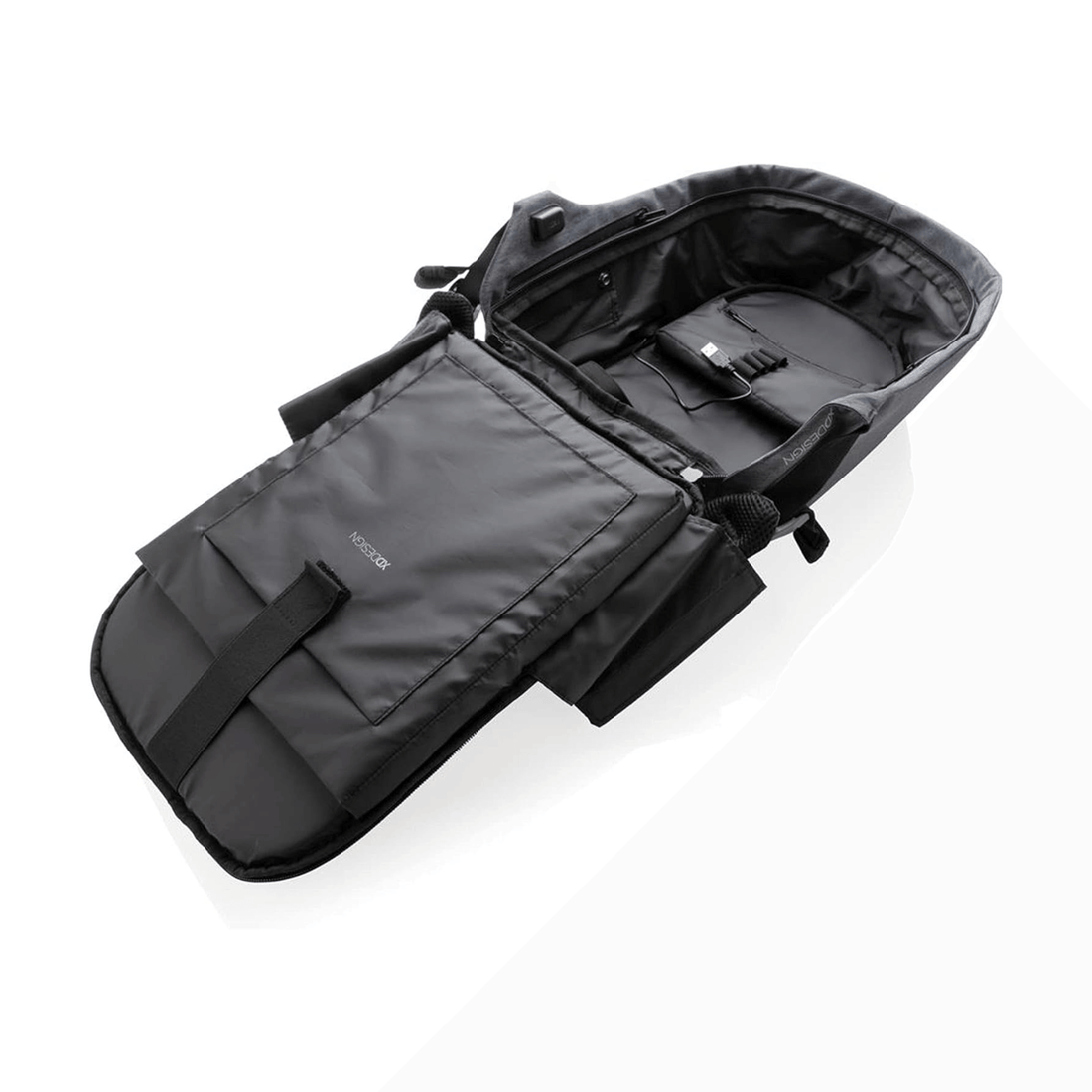 Bobby Compact-Diver Blue anti-theft backpack interior view with multiple compartments and padded support.