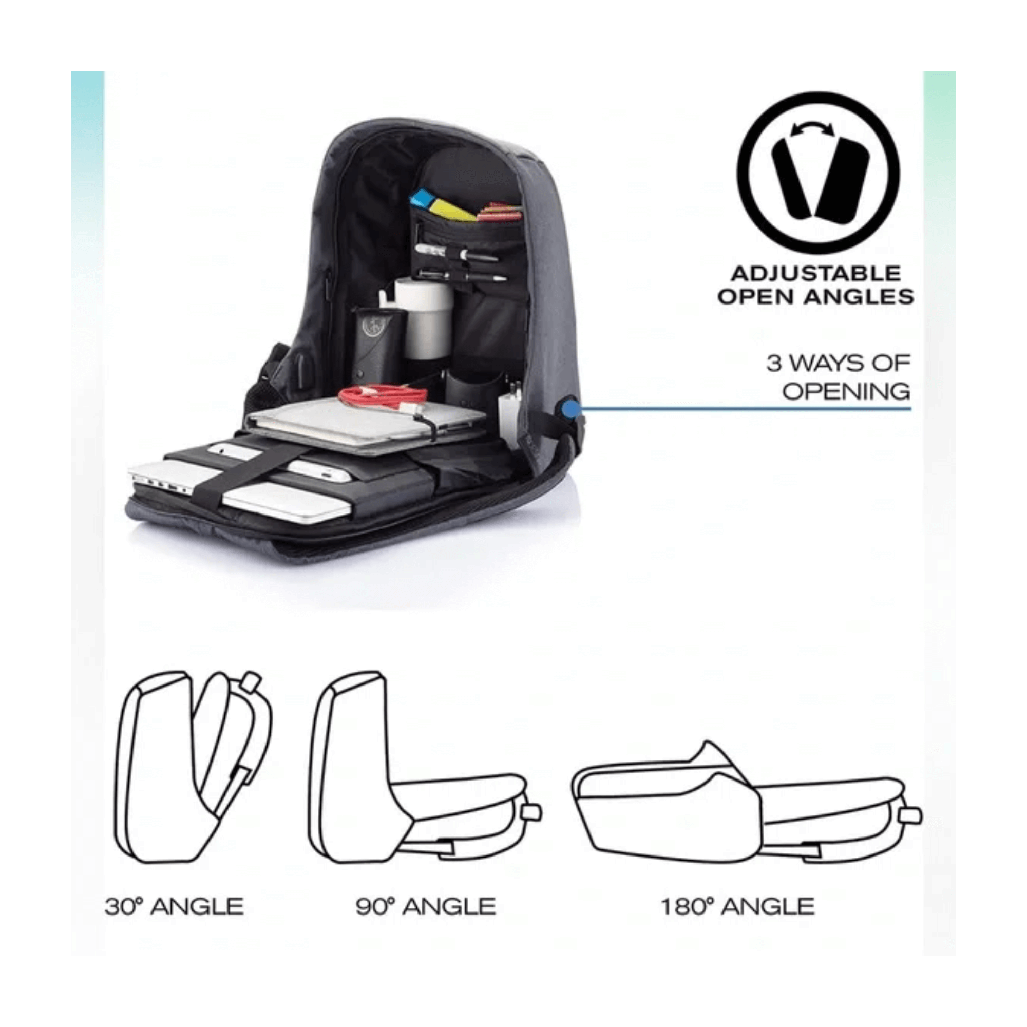 Bobby Compact Anti-Theft Backpack showing adjustable open angles for easy access and organization.