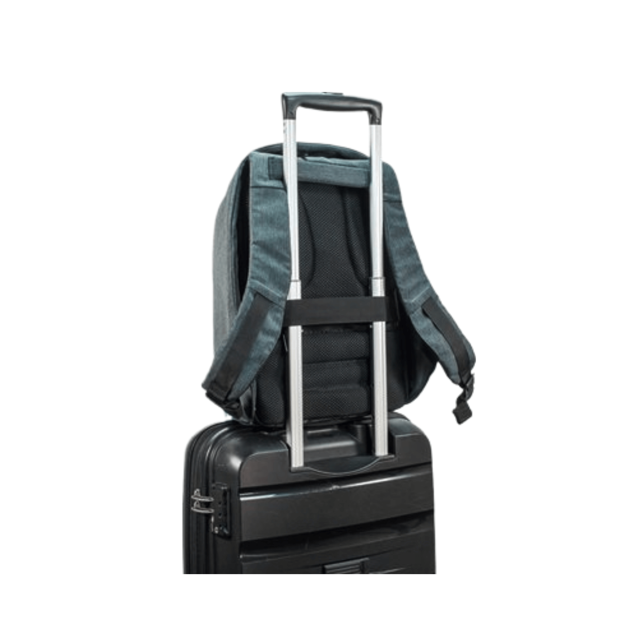 Bobby Compact-Diver Blue Anti-Theft Backpack attached to luggage for easy travel.