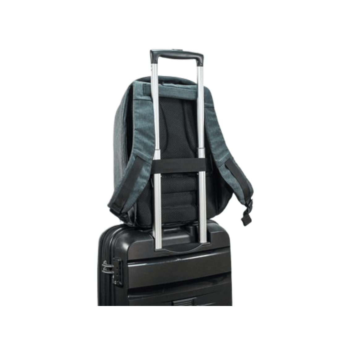 Bobby Compact-Diver Blue Anti-Theft Backpack attached to luggage for easy travel.