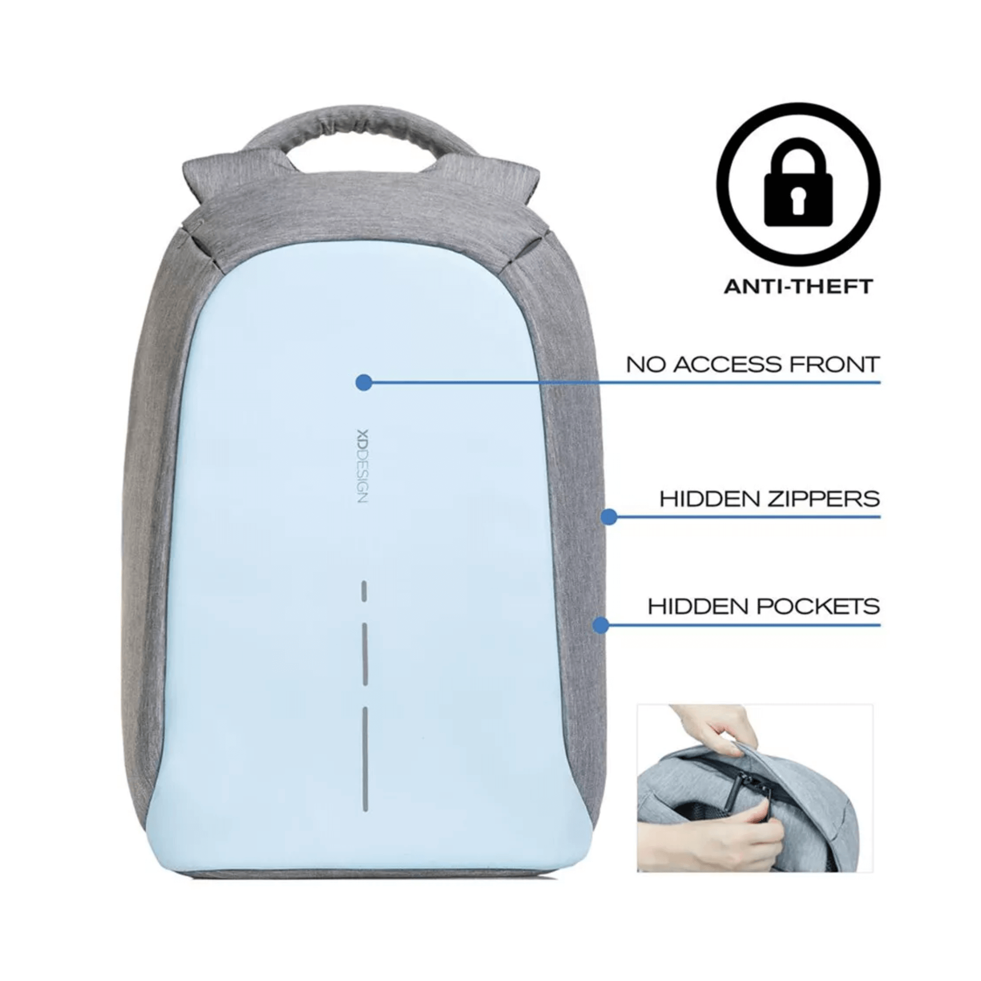 Bobby Compact Anti-Theft Backpack in Pastel Blue featuring hidden zippers and pockets for enhanced security.