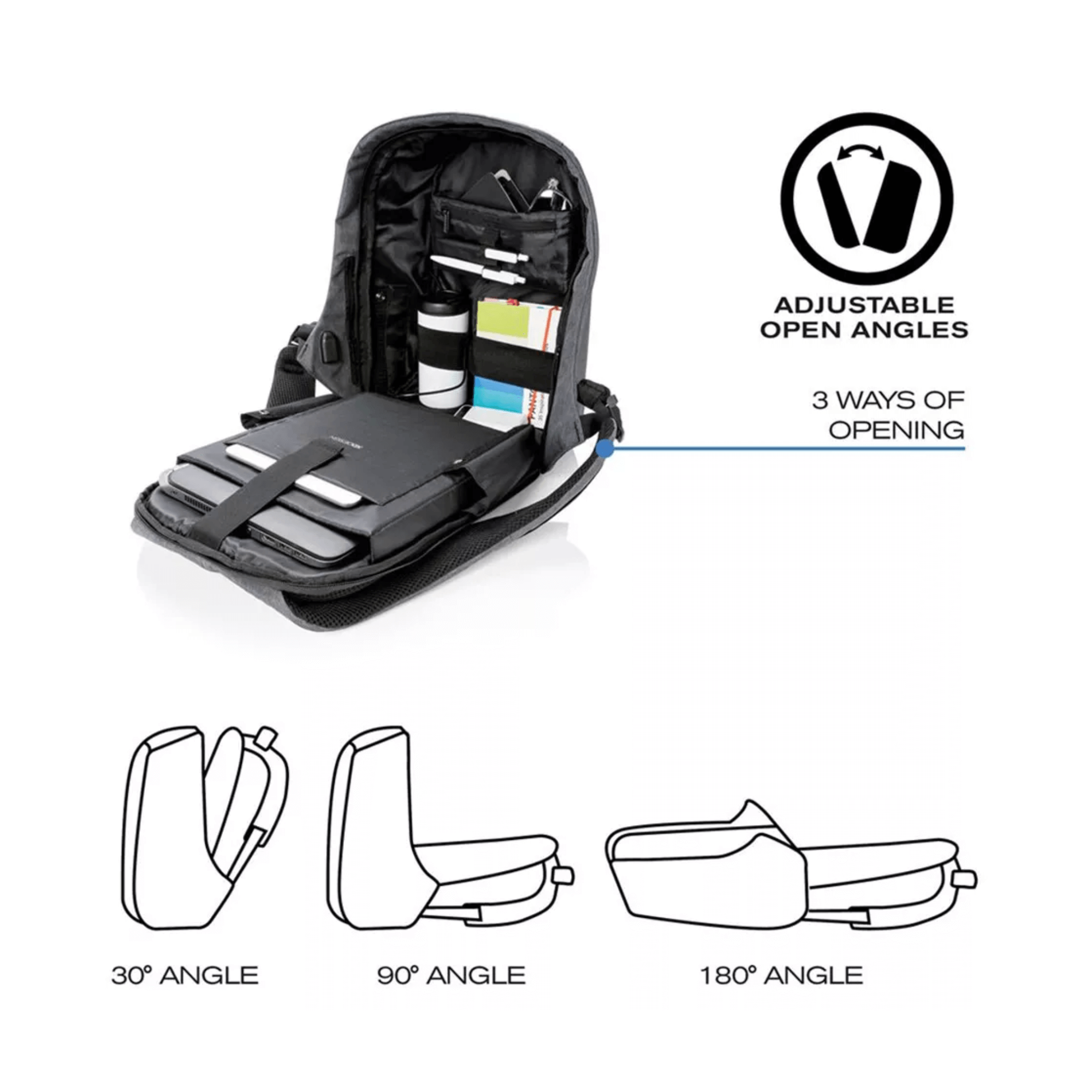 Bobby Compact Anti-Theft Backpack with adjustable open angles, showcasing smart organization features.