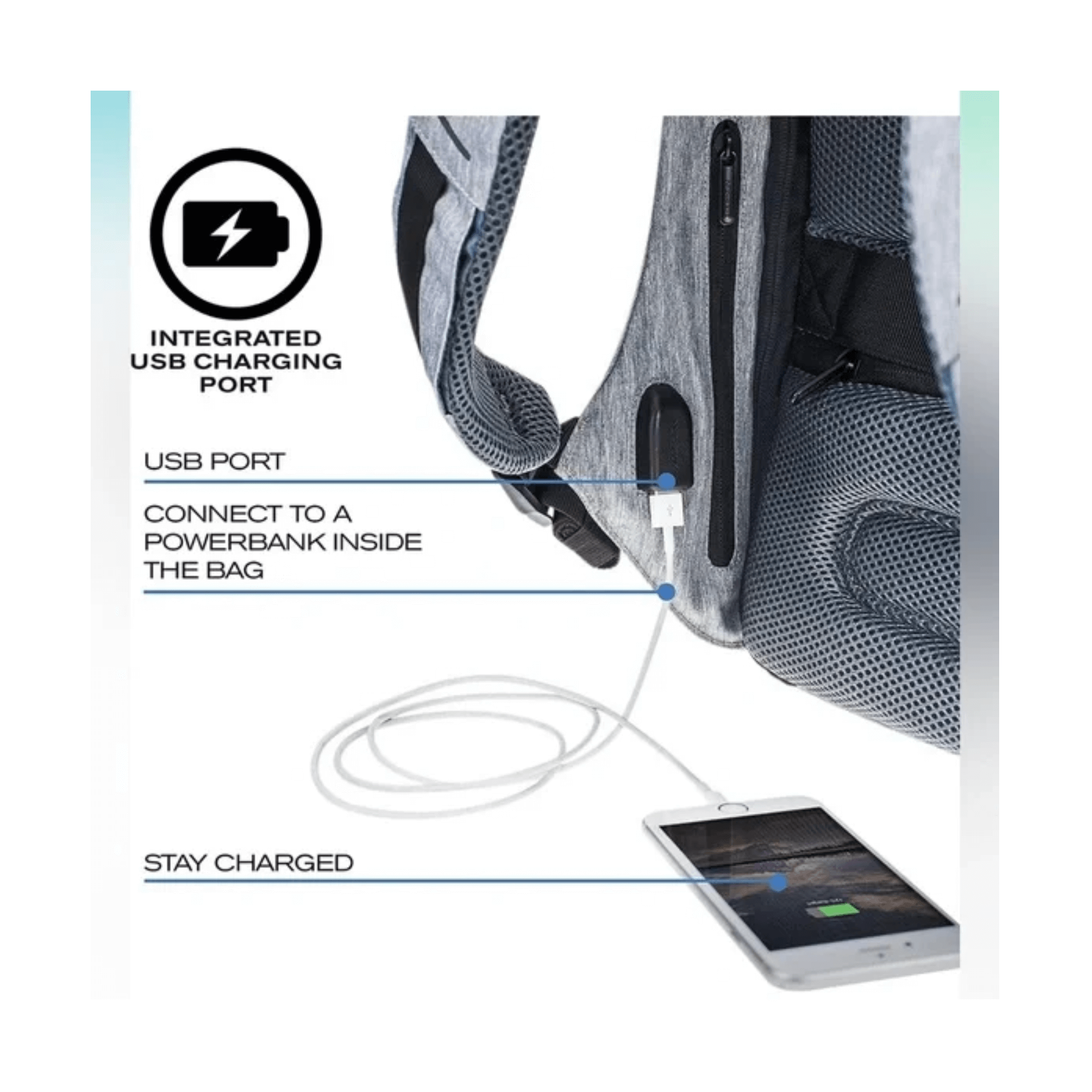 Close-up of Bobby Compact Backpack's USB charging port for convenient device charging on the go.