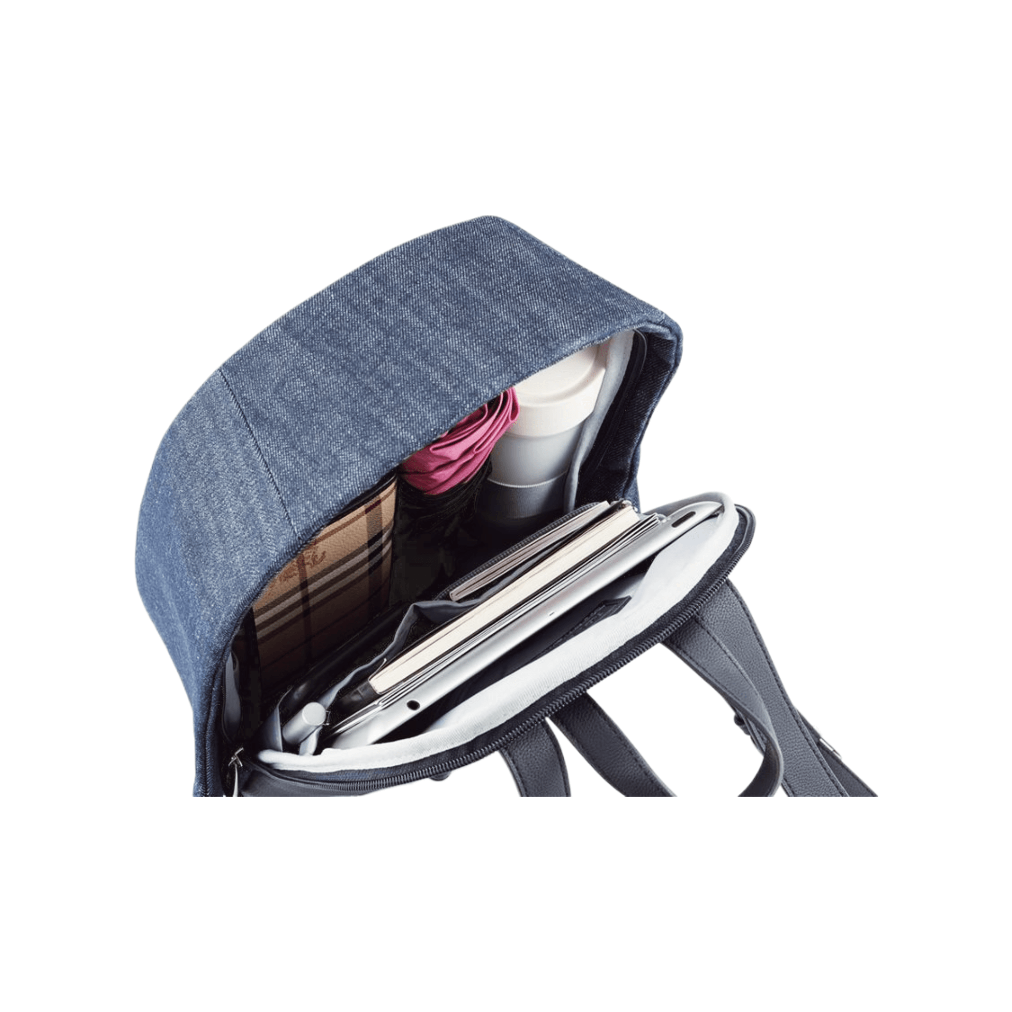 Bobby Elle Anti-Theft Backpack Denim interior with laptop, water bottle, and other items organized.
