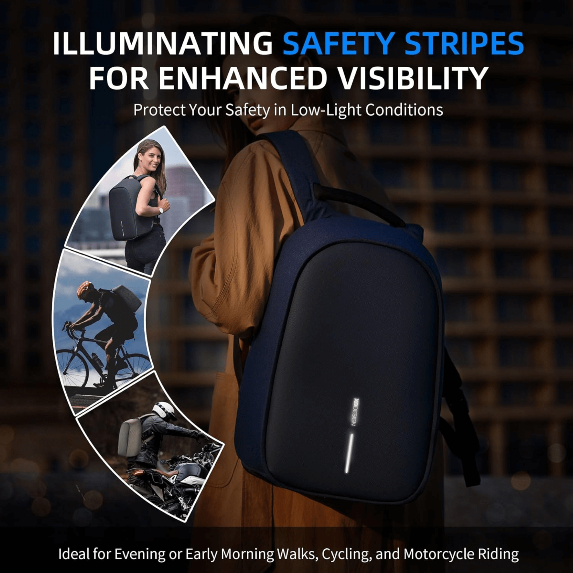Bobby Hero Regular Anti-Theft Backpack-Grey with safety stripes for enhanced visibility in low-light conditions.