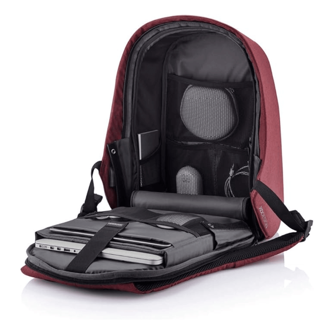 Interior of Bobby Hero Regular Anti-Theft Backpack in Cherry Red showcasing smart organization and protective compartments.