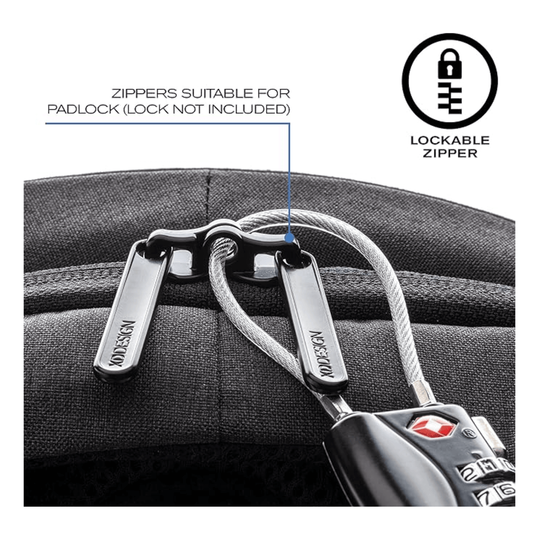 Close-up of lockable zippers on Bobby Hero Anti-theft Backpack, designed for added security with padlock.