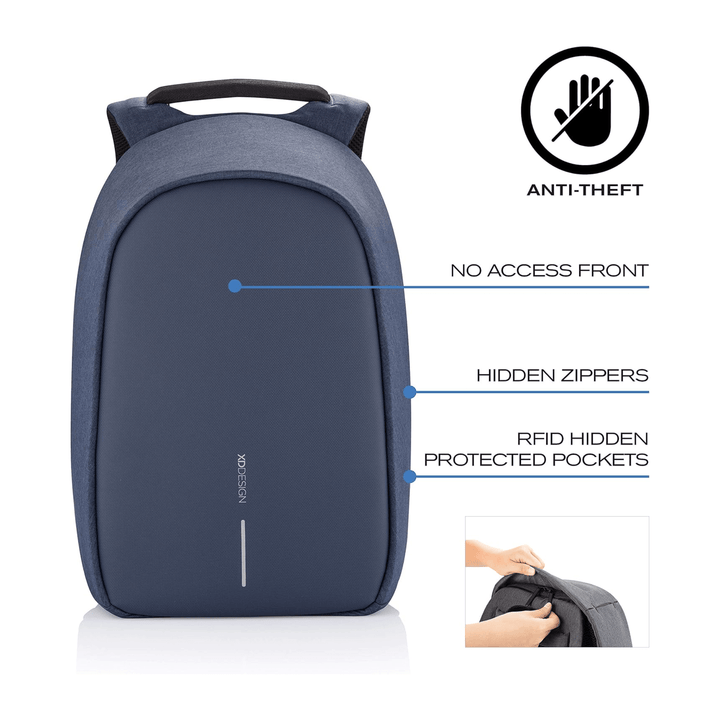 Bobby Hero Regular Anti-theft Backpack in Navy showcasing hidden zippers and RFID protected pockets.