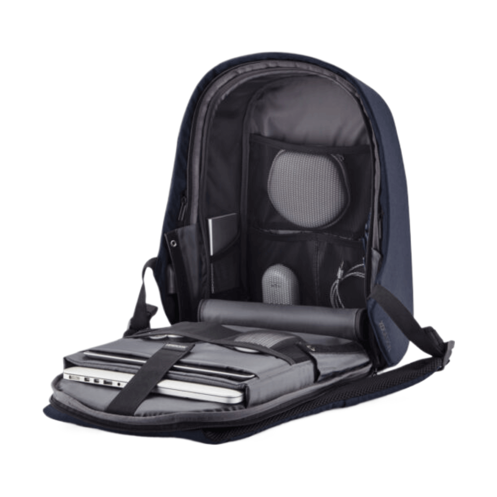 Interior of Bobby Hero Regular Anti-Theft Backpack in Navy featuring organized compartments for laptop and accessories.