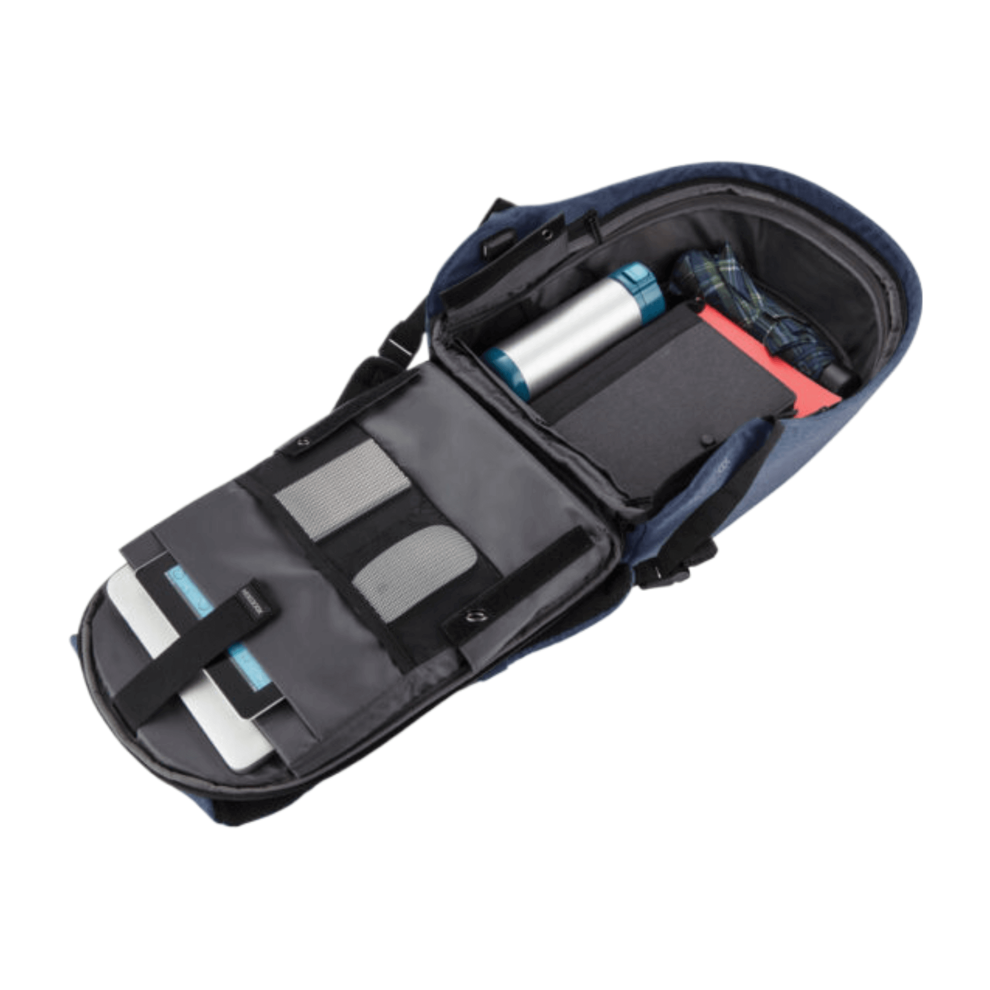 Open view of the Bobby Hero Regular Anti-Theft Backpack in Navy, showcasing compartments and storage for accessories.