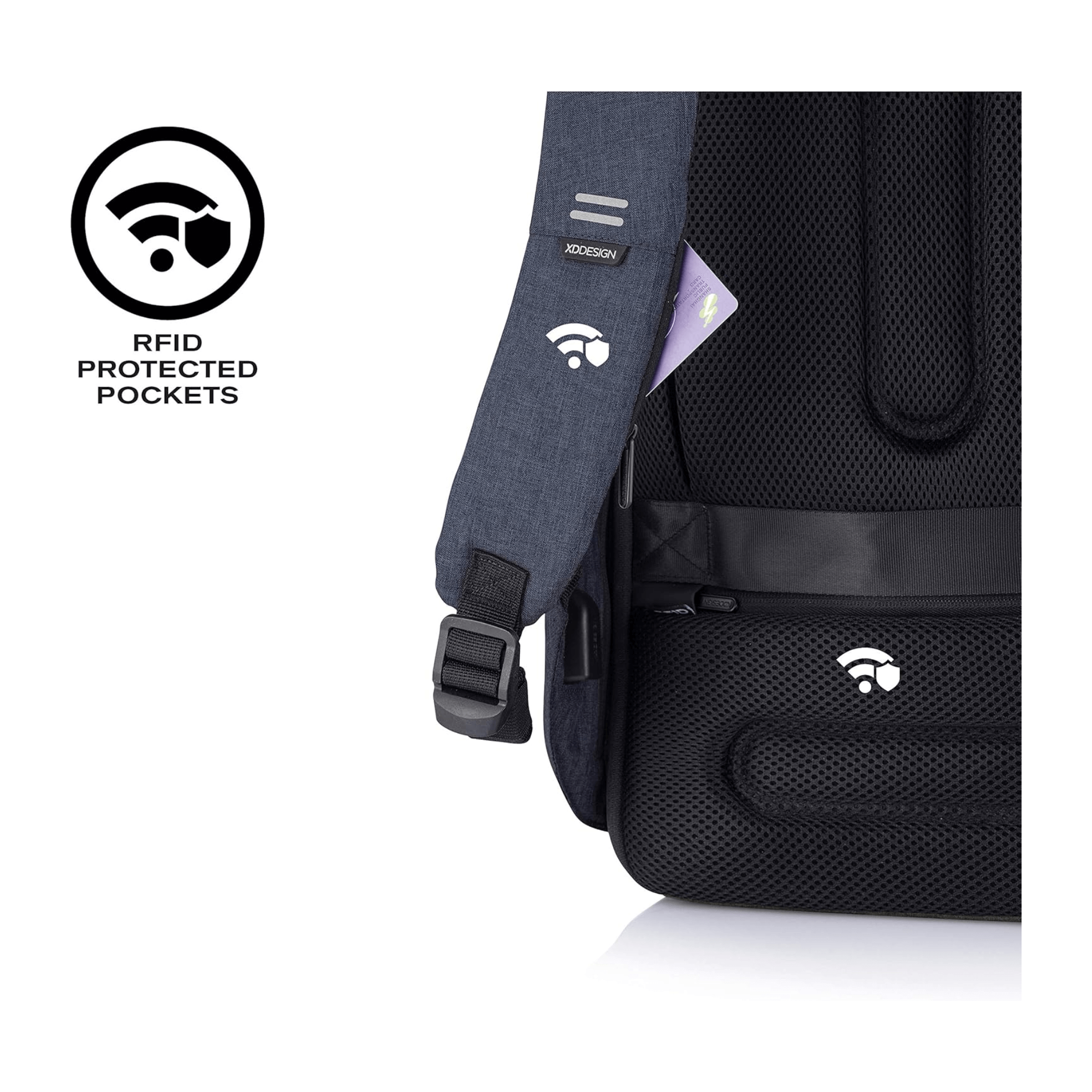 Close-up of Bobby Hero Anti-theft backpack showcasing RFID protected pockets, designed for secure storage.