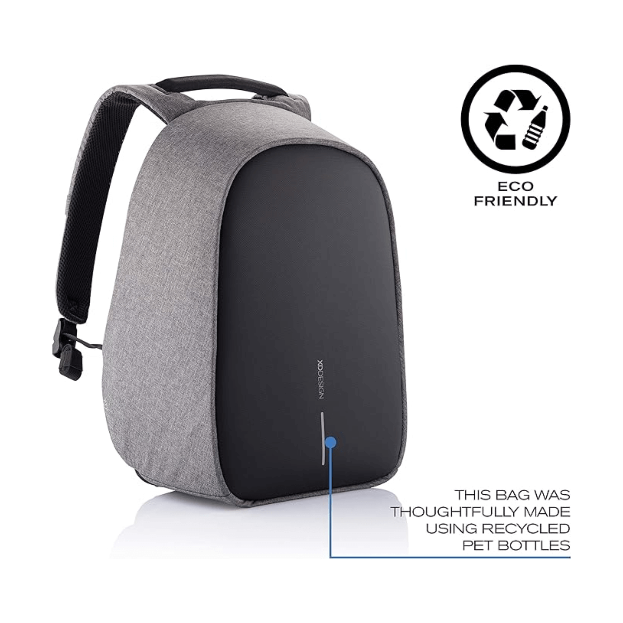 Bobby Hero Small Anti-Theft Backpack in grey, made from recycled materials, eco-friendly design for safety and style.