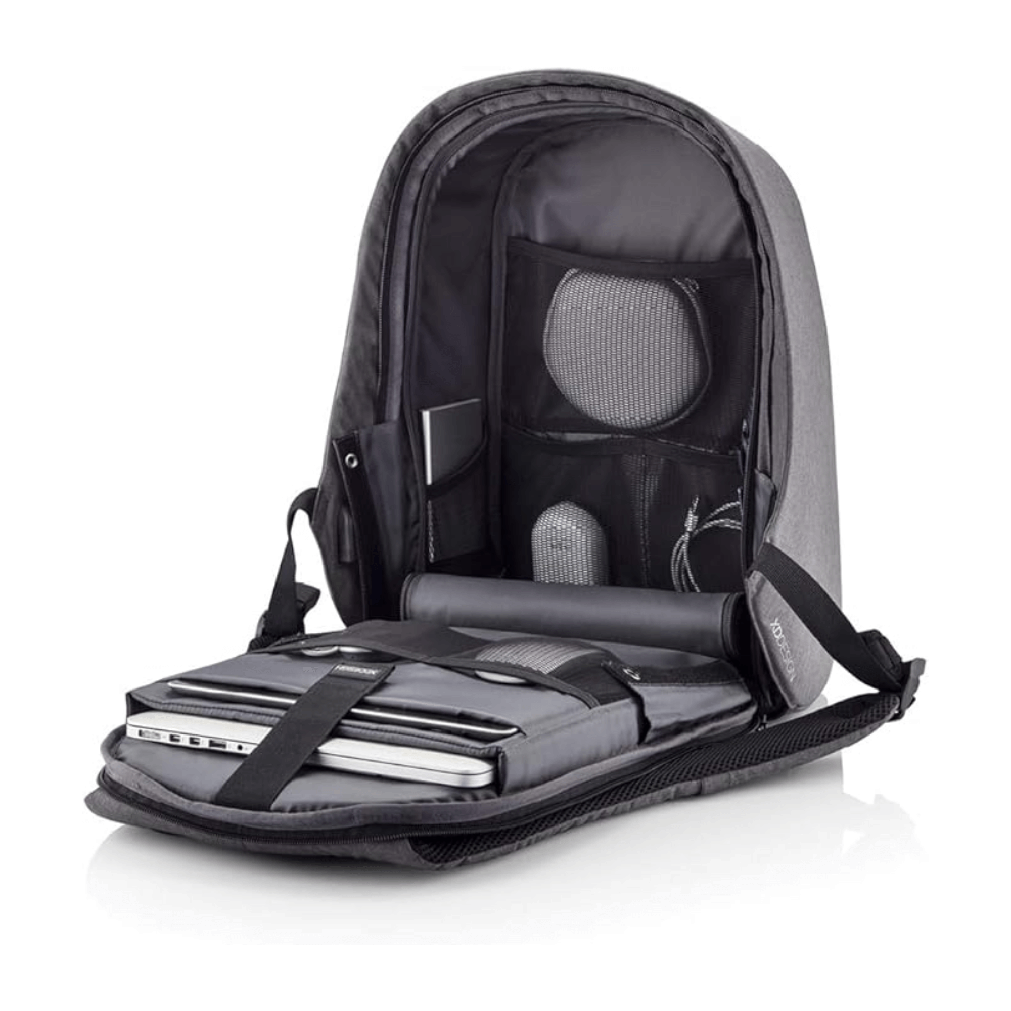 Bobby Hero Small Anti-Theft Backpack in grey with compartments for laptop and accessories.