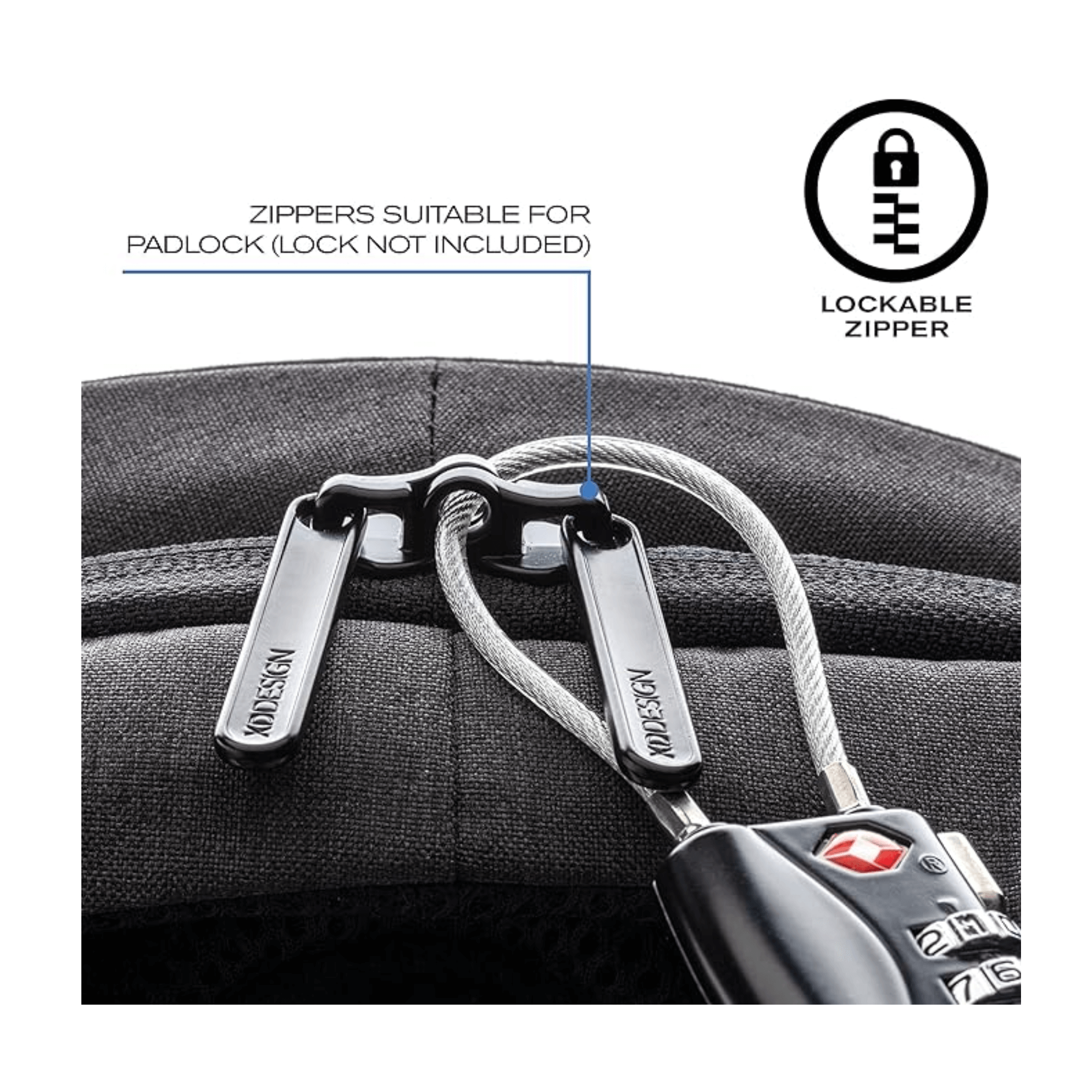 Close-up of Bobby Hero Small Anti-theft Backpack zippers, designed for padlock security, enhancing safety.