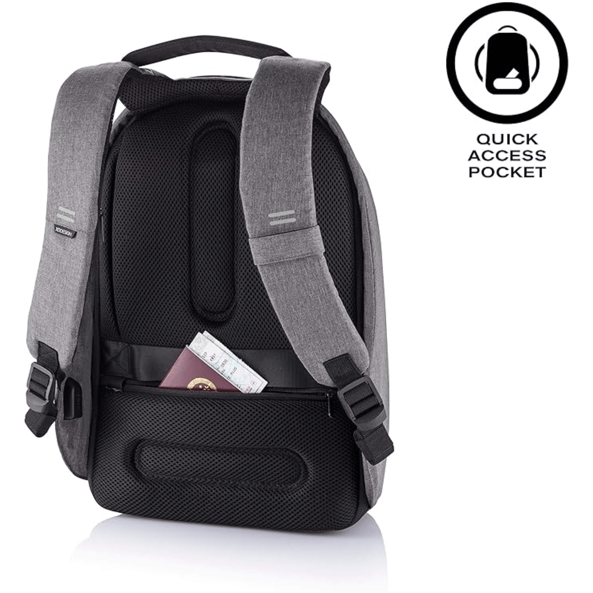 Bobby Hero Small Anti-theft backpack in grey with quick access pocket for passports and essentials.