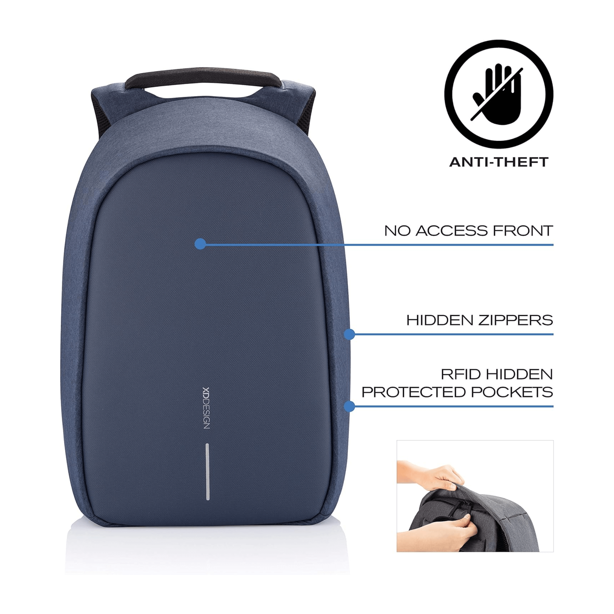 Bobby Hero Small Anti-theft Backpack in Navy with hidden zippers and RFID protected pockets.