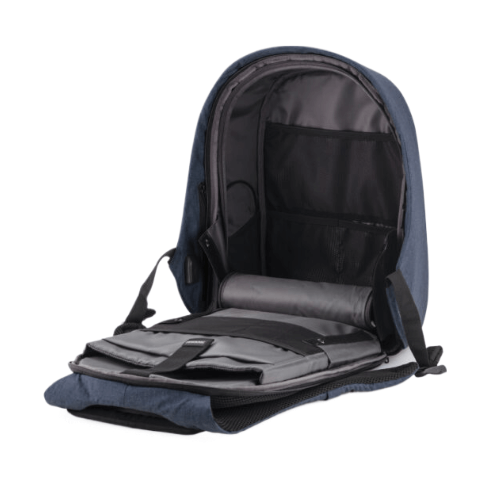 Open Bobby Hero Small Anti-Theft Backpack in Navy showcasing spacious interior and secure compartments for gadgets.