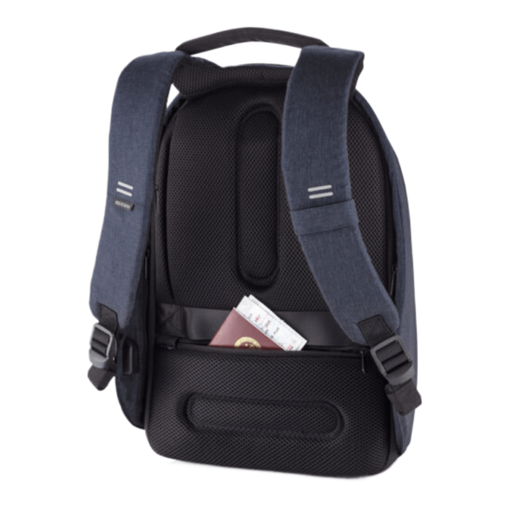 Bobby Hero Small Anti-Theft Backpack in Navy with hidden zippers and cut-proof material for secure travel.