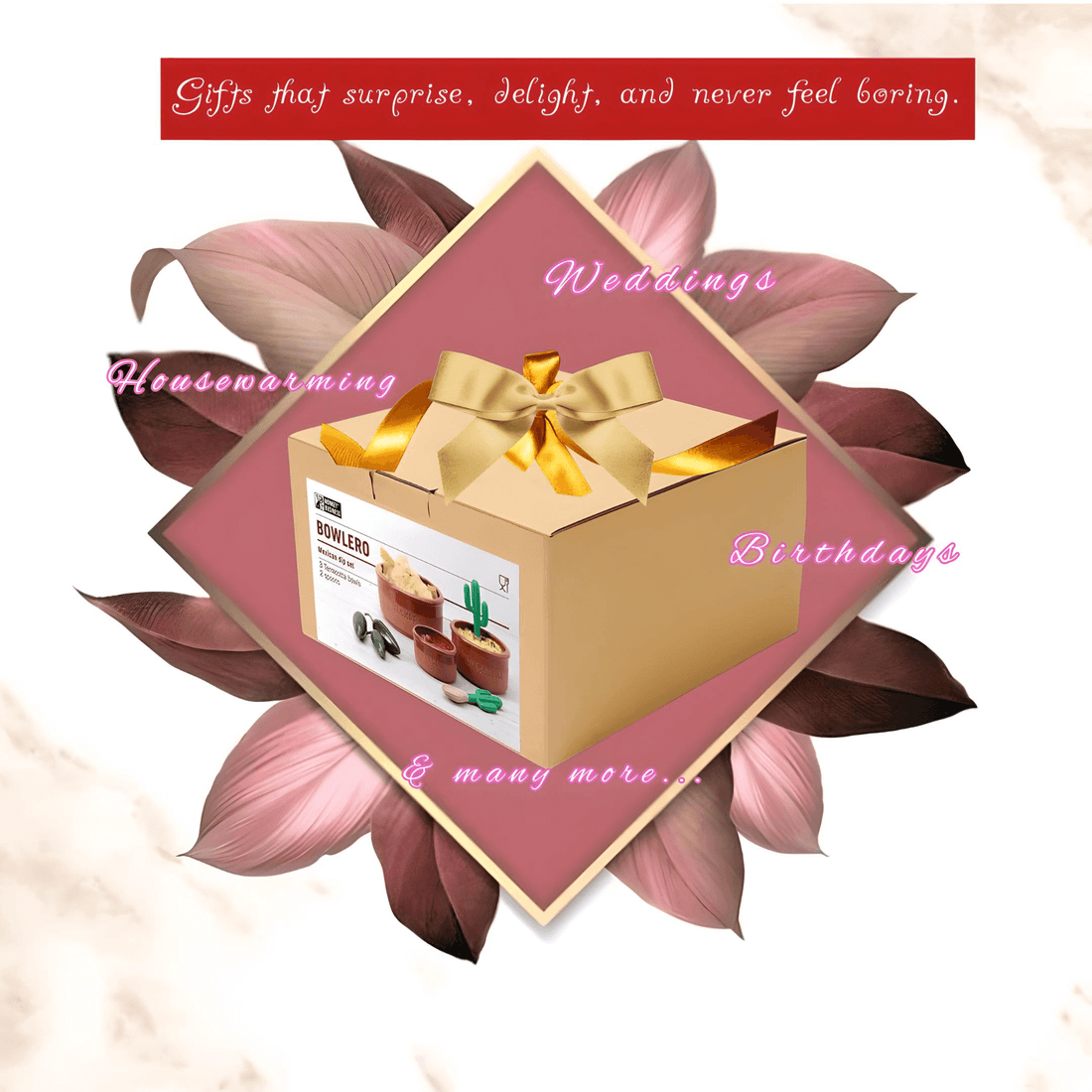 Bowlero dip bowl set gift box, perfect for weddings, housewarmings, and birthdays, adorned with a golden bow.