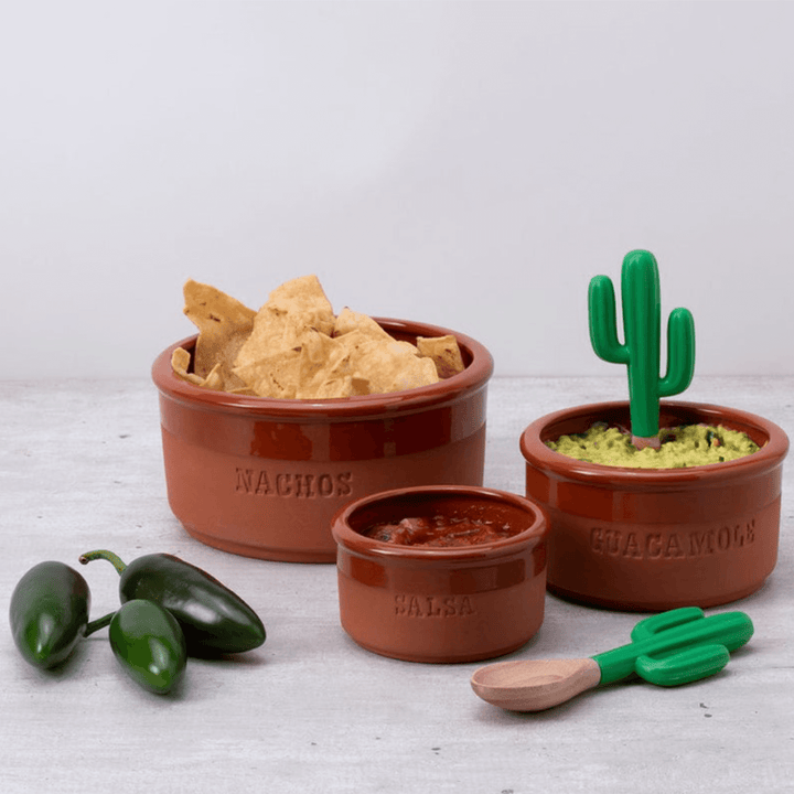 Colorful Bowlero dip bowl set with tortilla chips, salsa, guacamole, and jalapeños, perfect for festive gatherings.