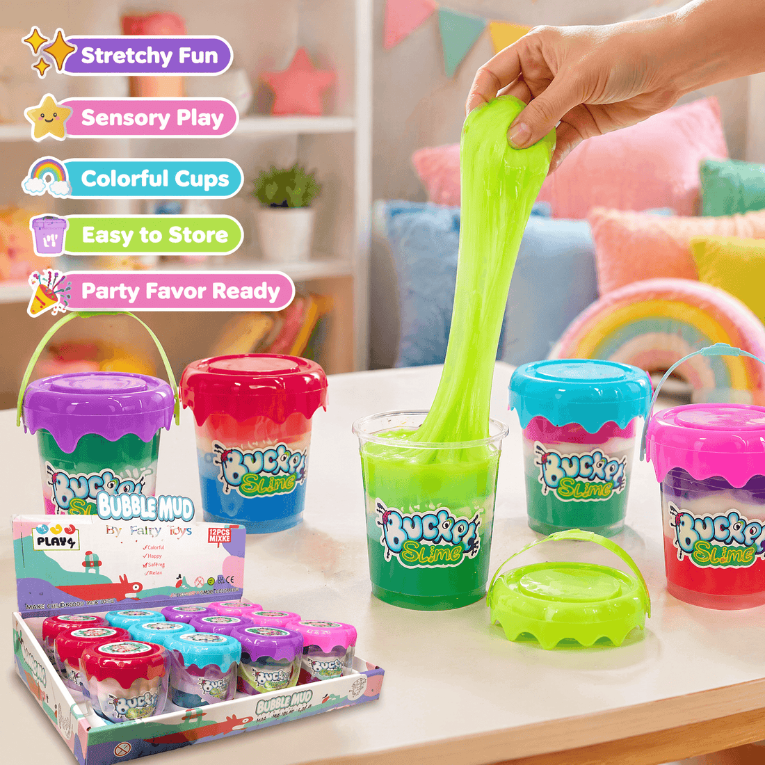 Bubble Mud Slime –  Stretchy Slime Cup for Sensory Play with colorful cups and vibrant stretchy slime.