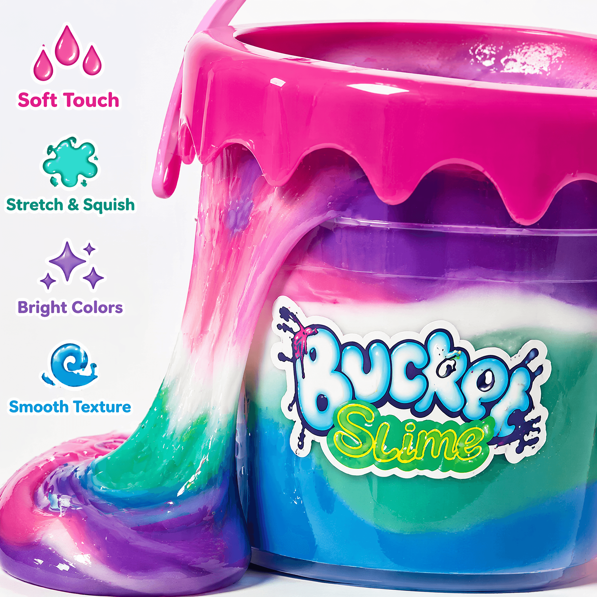 Bubble Mud Slime –  Stretchy Slime Cup for Sensory Play in colorful bucket with vibrant colors and smooth texture.