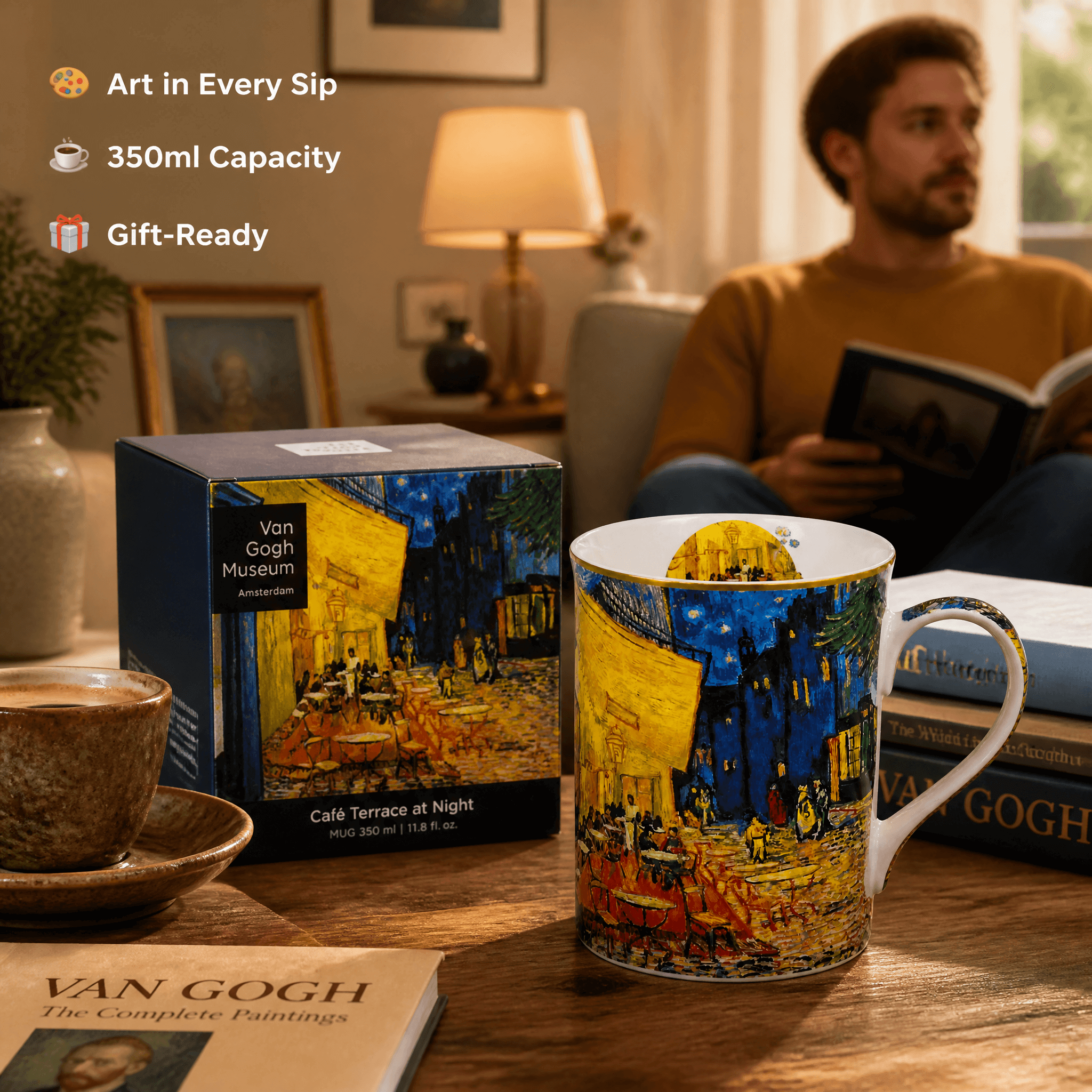 Café Terrace at Night Mug 350 ML-Van Gogh displayed with packaging and coffee, showcasing artistic design and 350ml capacity.