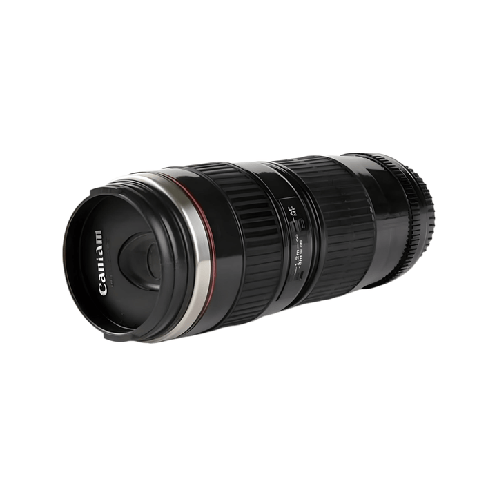 Camera Lens Mug – Large 16oz Travel Cup designed like a professional camera lens, perfect for coffee lovers and photographers.