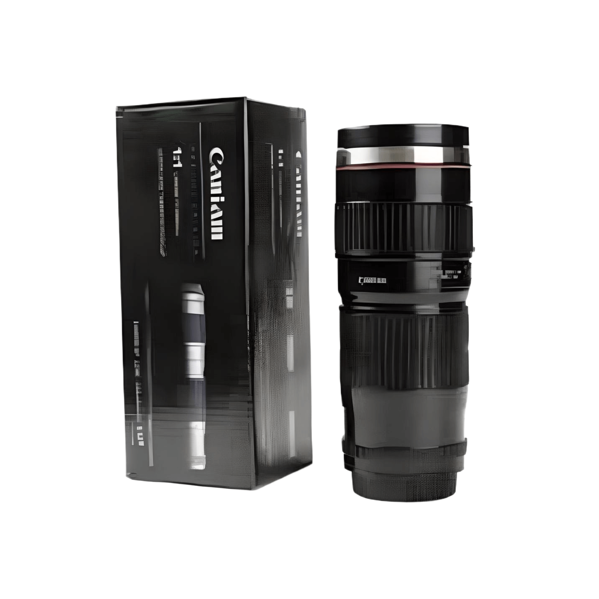 Camera Lens Mug – Large 16oz Travel Cup next to its packaging, showcasing a realistic zoom lens design.