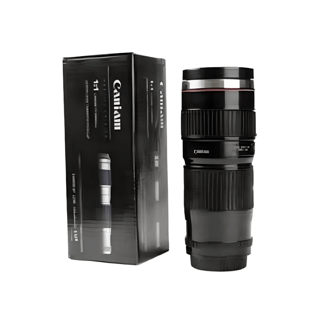 Camera Lens Mug – Large 16oz Travel Cup next to its packaging, showcasing a realistic zoom lens design.
