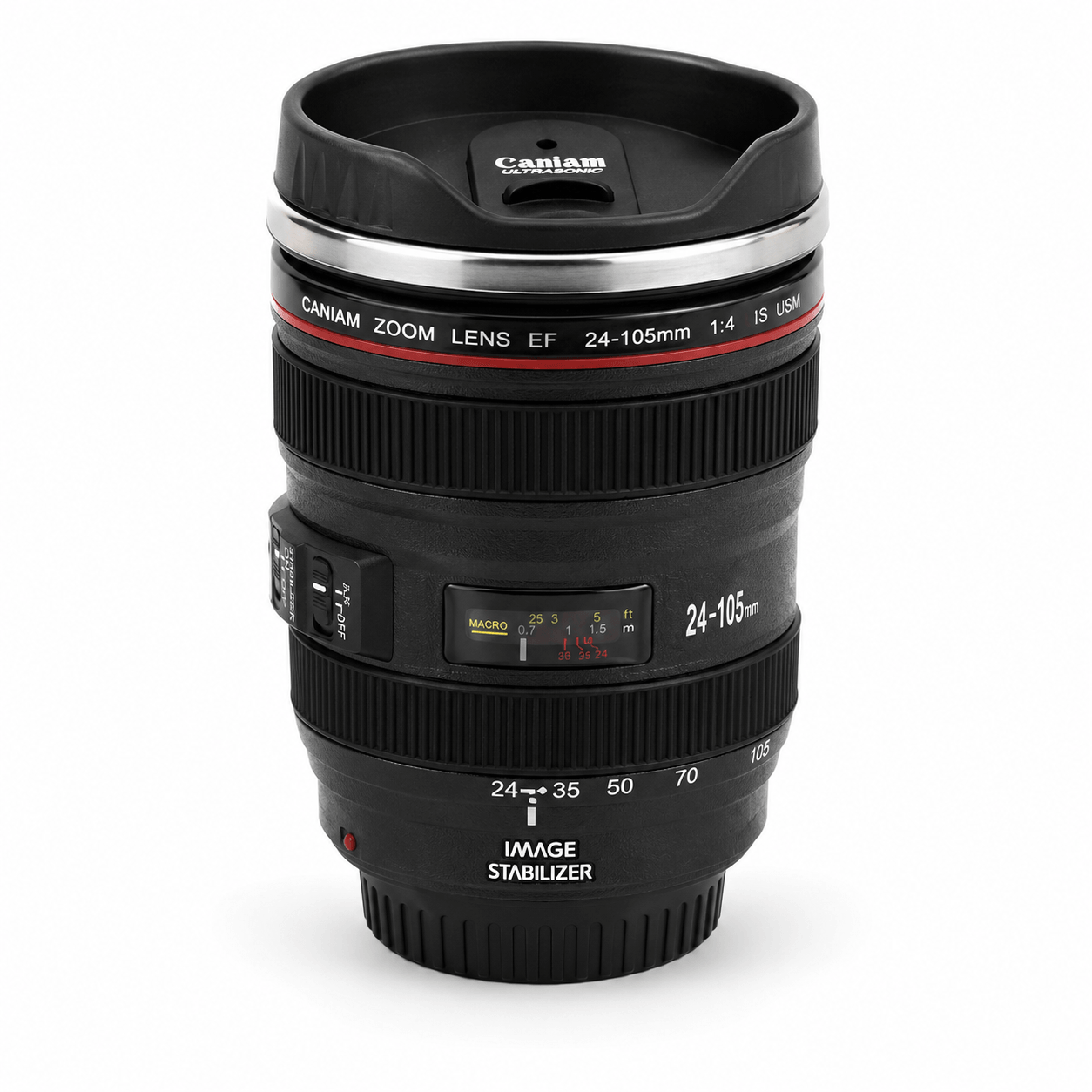 Caniam Camera Lens Mug with stainless steel interior, resembling a 24–105mm camera lens for photographers.