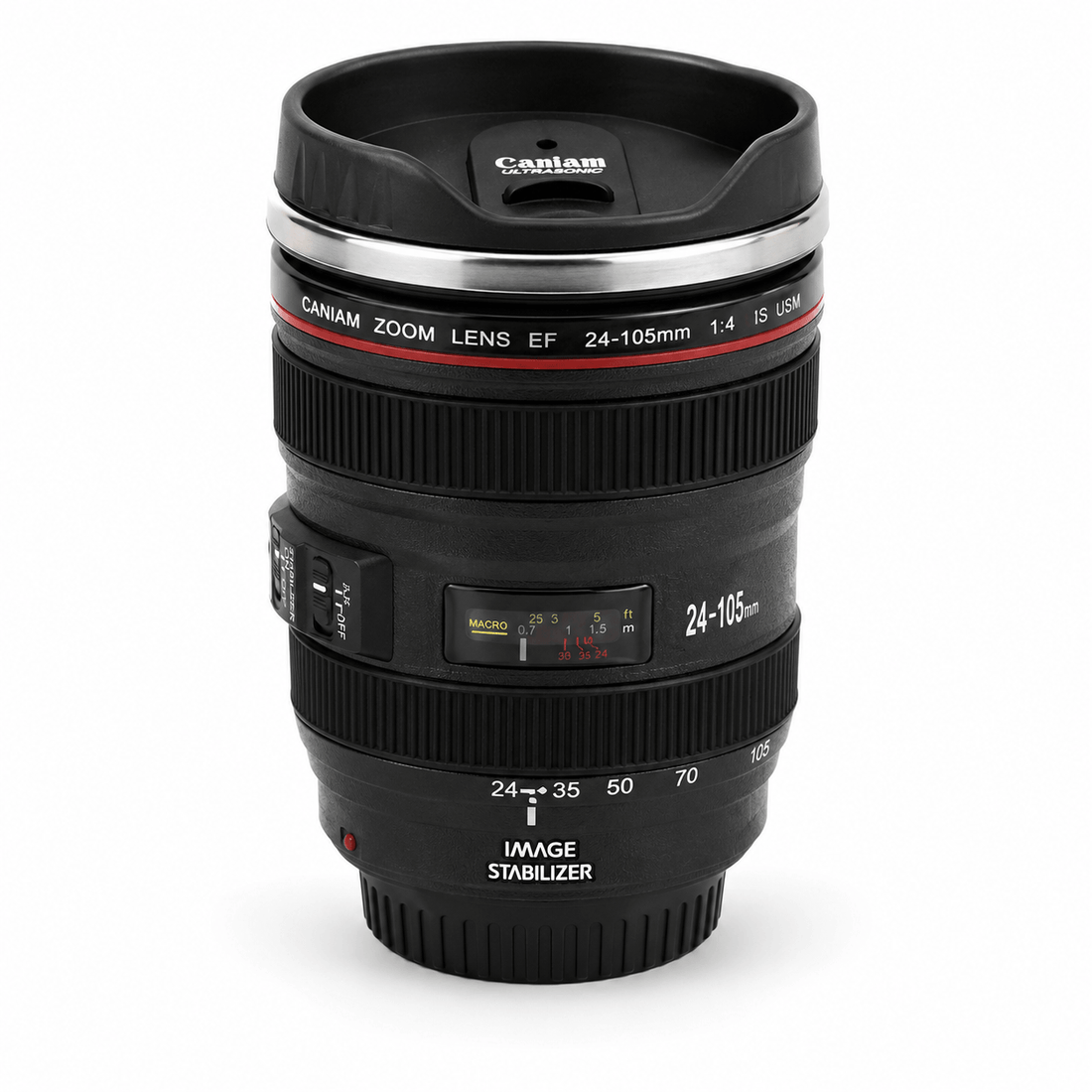 Caniam Camera Lens Mug with stainless steel interior, resembling a 24–105mm camera lens for photographers.