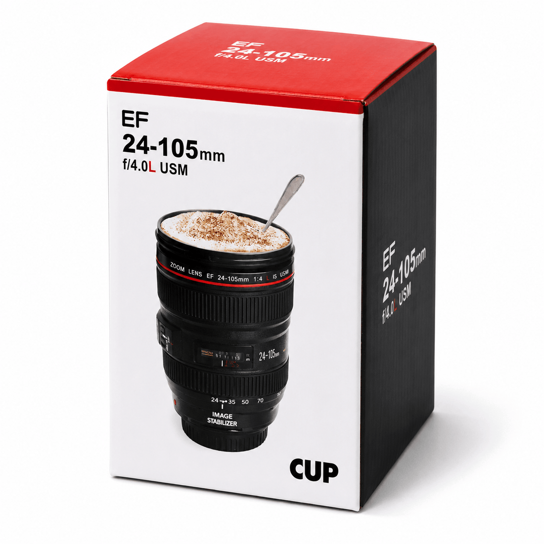 Caniam Camera Lens Mug packaging design featuring a realistic camera lens look with coffee inside.