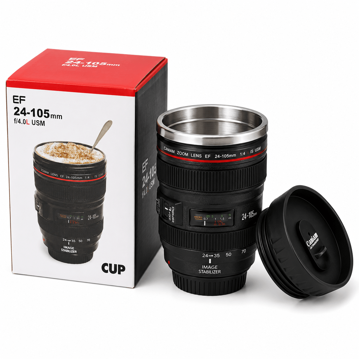 Caniam Camera Lens Mug next to its packaging, resembling a camera lens with stainless steel interior.