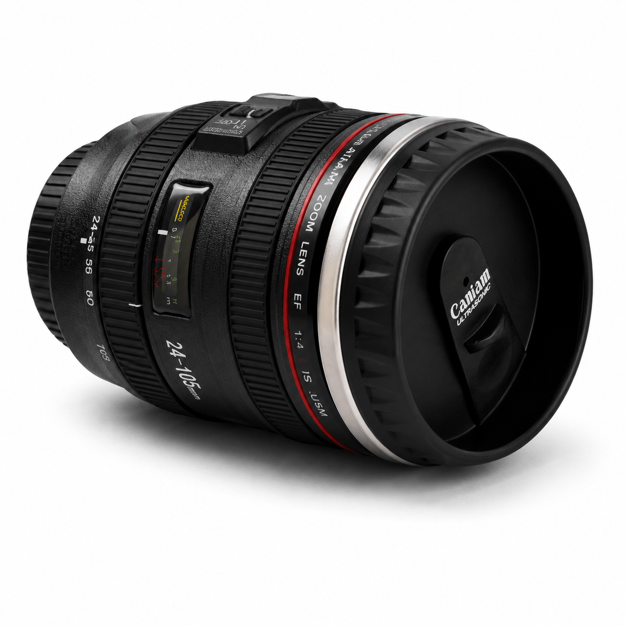 Caniam Camera Lens Mug designed to look like a 24-105mm camera lens with a realistic finish for photography lovers.