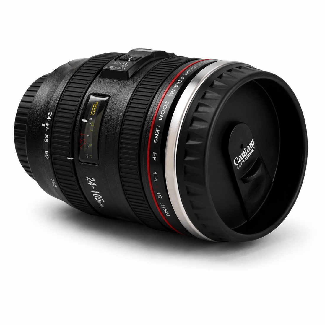 Caniam Camera Lens Mug designed to look like a 24-105mm camera lens with a realistic finish for photography lovers.