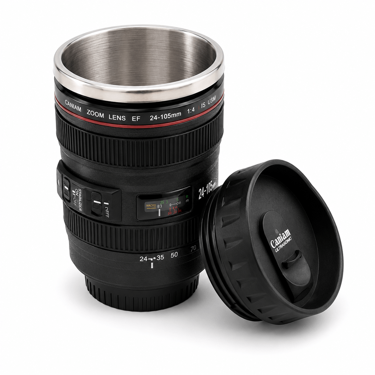 Caniam Camera Lens Mug with stainless steel interior, designed for photographers and coffee lovers.