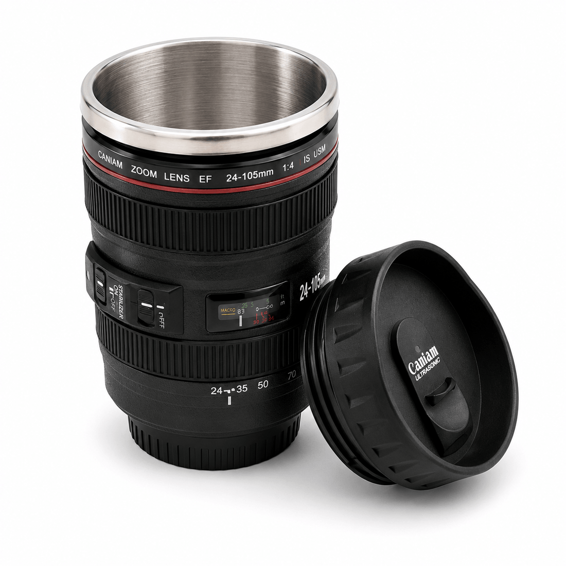 Caniam Camera Lens Mug with stainless steel interior, designed for photographers and coffee lovers.
