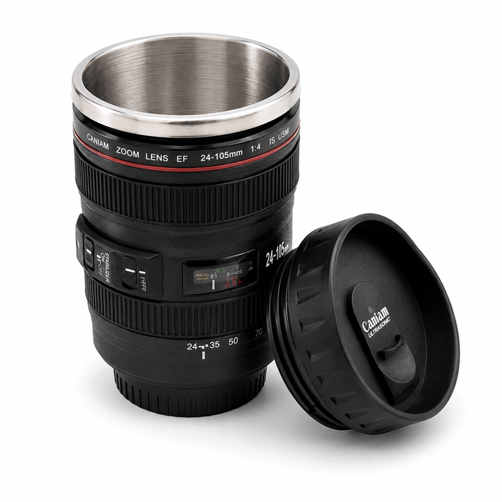 Caniam Camera Lens Mug with stainless steel interior, designed for photographers and coffee lovers.