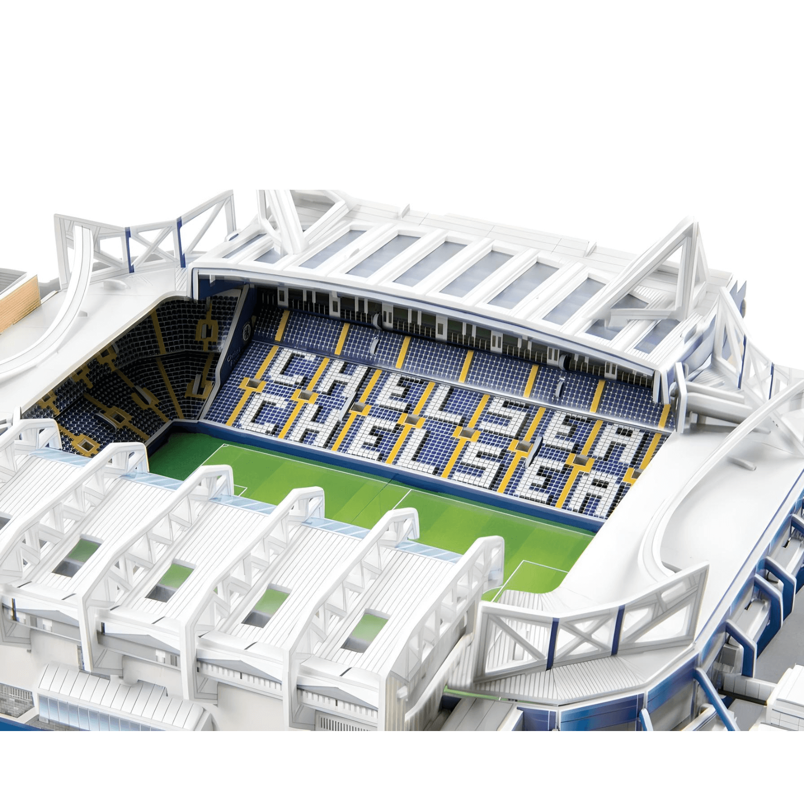 Chelsea Stamford Bridge 3D Stadium Puzzle detailed view of the stadium model with seating and field.