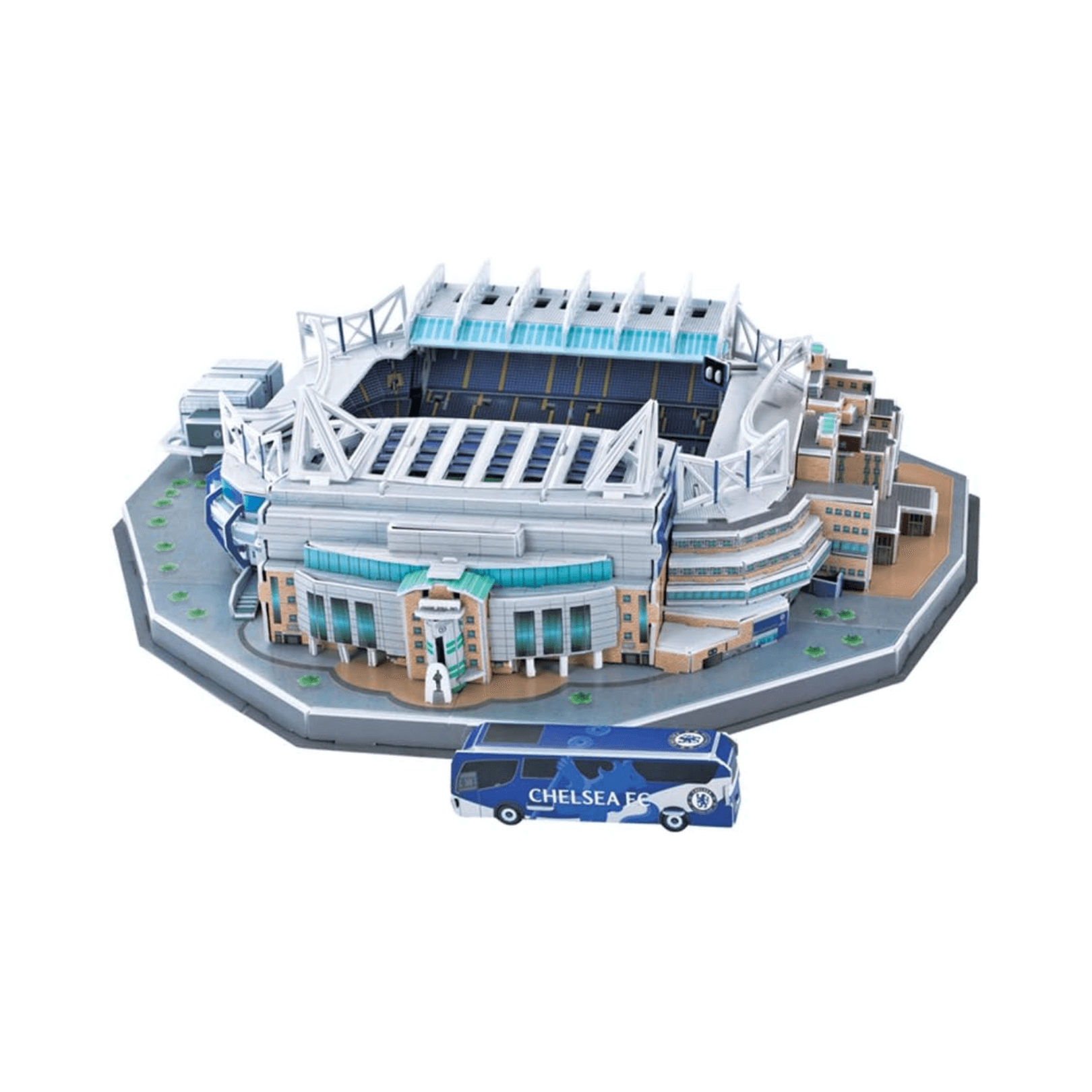 Chelsea Stamford Bridge 3D Stadium Puzzle with detailed replica and Chelsea FC bus.