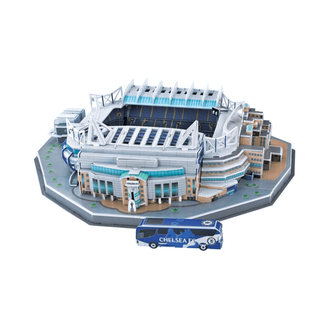 Chelsea Stamford Bridge 3D Stadium Puzzle with detailed replica and Chelsea FC bus.